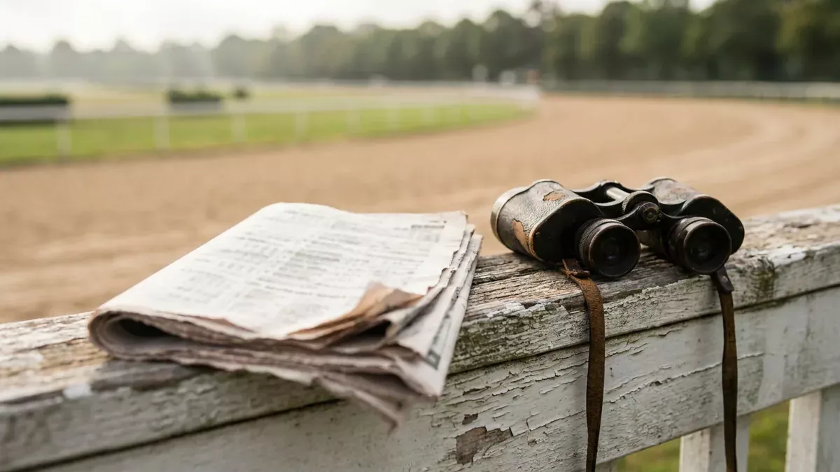 Journal hippique plié et jumelles sur la rambarde d'un paddock, illustrant le pronostic Paris Turf quinté