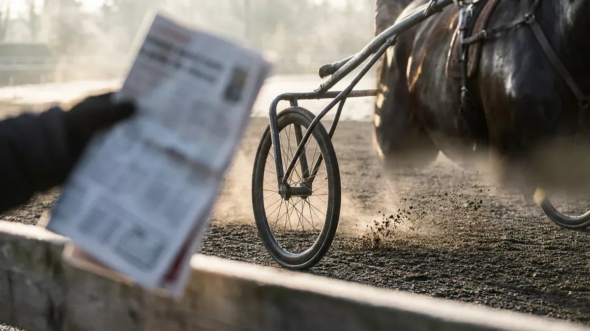 Roue de sulky sur la piste en cendrée d'une course de trot, journal plié flou au premier plan, pronostic Prix d'Amérique
