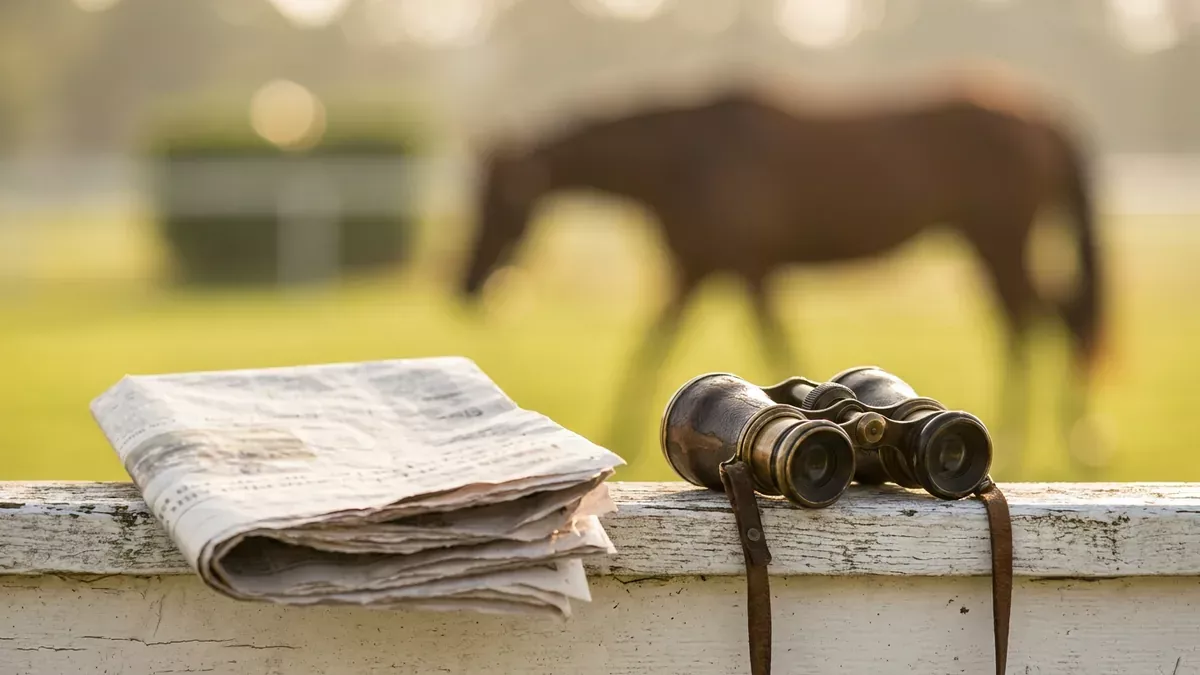 Journal plié et jumelles posés sur la lisse d'un paddock : le favori de la presse face au favori de la cote