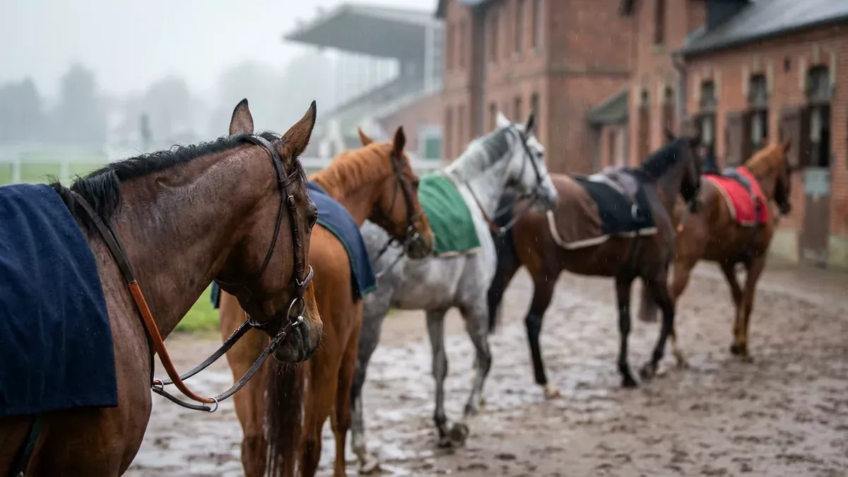 Pronostic La Voix du Nord : cinq chevaux au pas dans un paddock du Nord, briques floues en arrière-plan