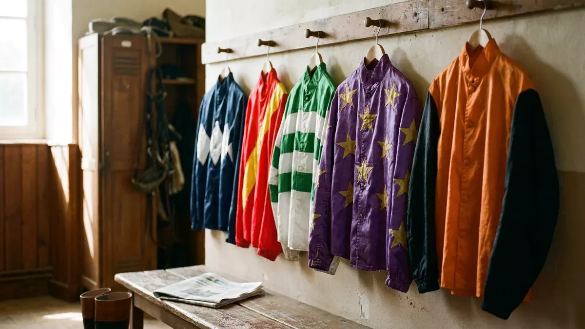 Cinq casaques de jockey alignées dans une salle des jockeys, illustrant le pronostic equidia quinté et ses cinq premiers