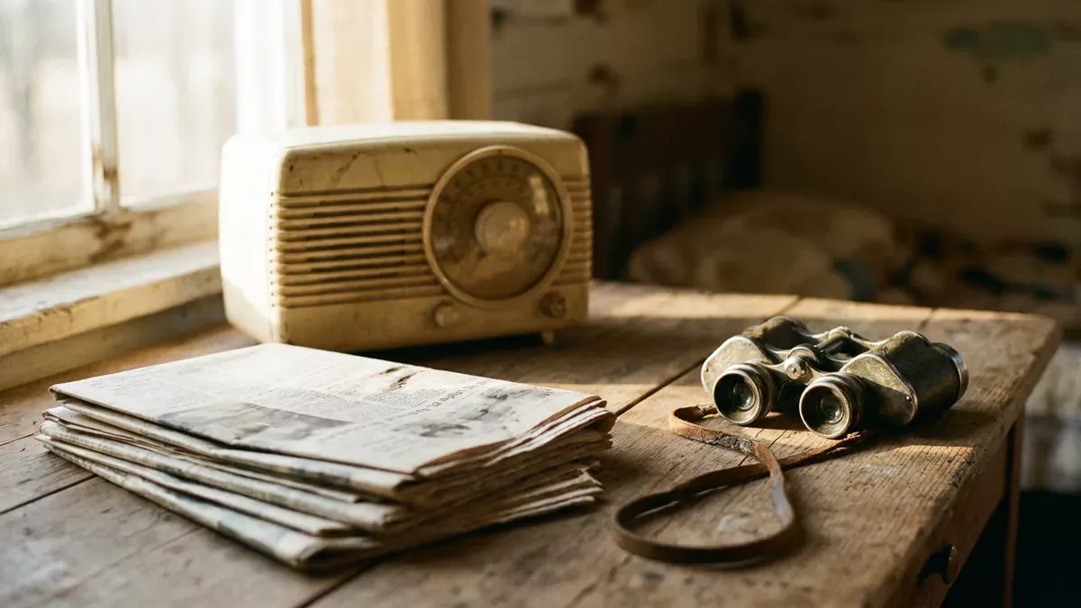 Poste de radio ancien posé près de journaux pliés et de jumelles, pour illustrer les pronostics quinté RTL