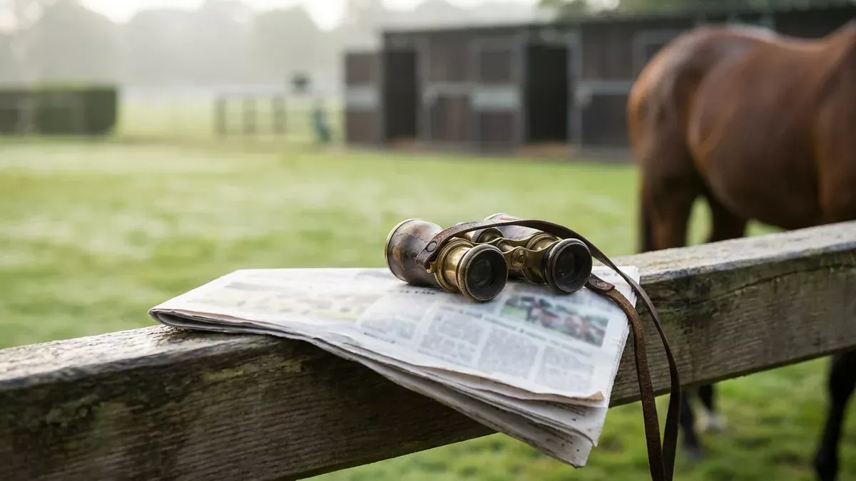 Journal plié et jumelles posés sur une barrière de paddock, illustration du prono quinté Le Parisien