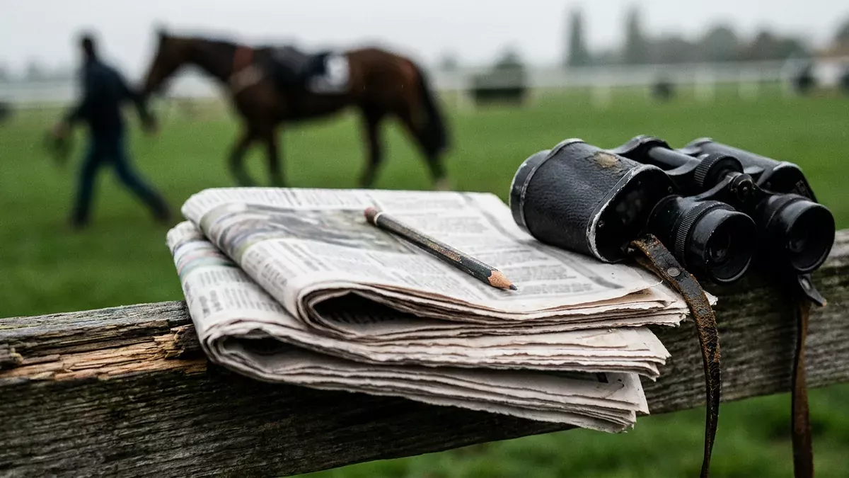 Pile de journaux hippiques, crayon et jumelles sur une rambarde de paddock pour illustrer le classement de la presse