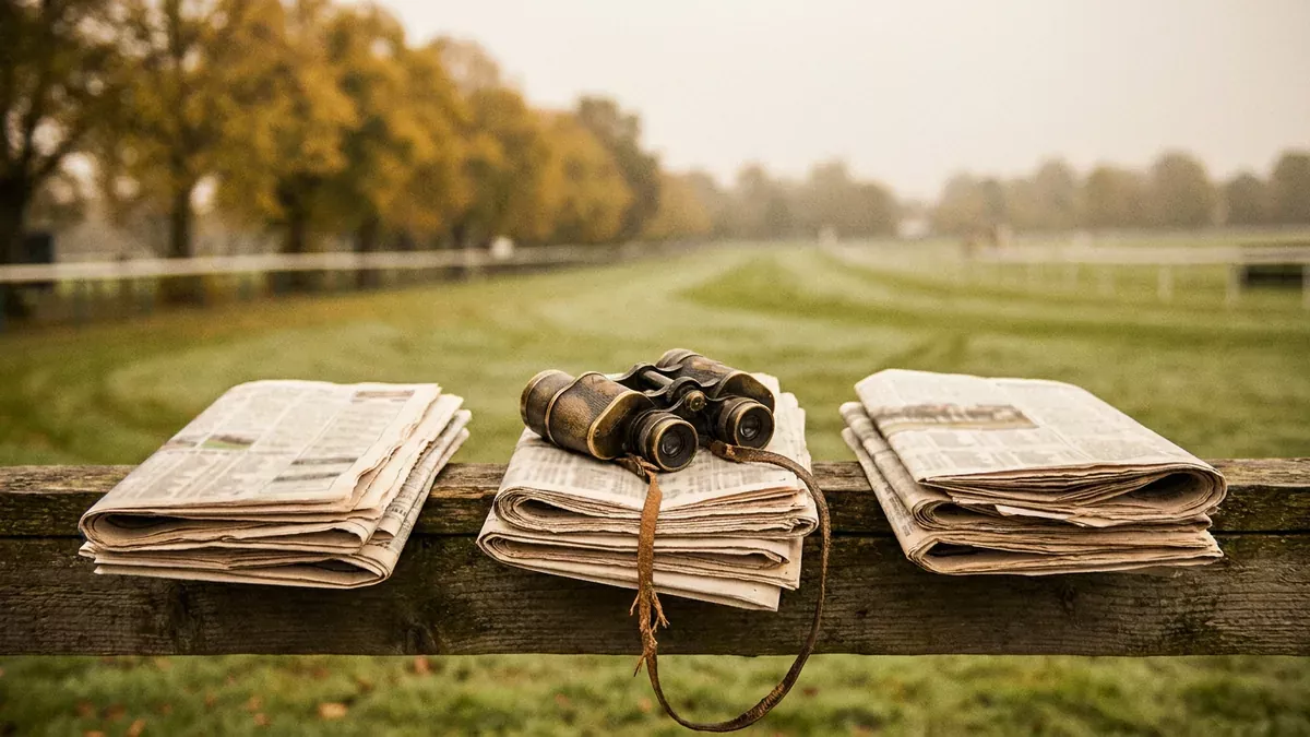Trois journaux hippiques pliés et des jumelles sur une rambarde, pour le pronostic du Prix de l'Arc de Triomphe de la presse