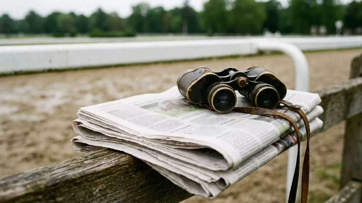 Journaux hippiques pliés et jumelles posés sur une barrière de paddock, pour illustrer la presse turf et ses pronostics