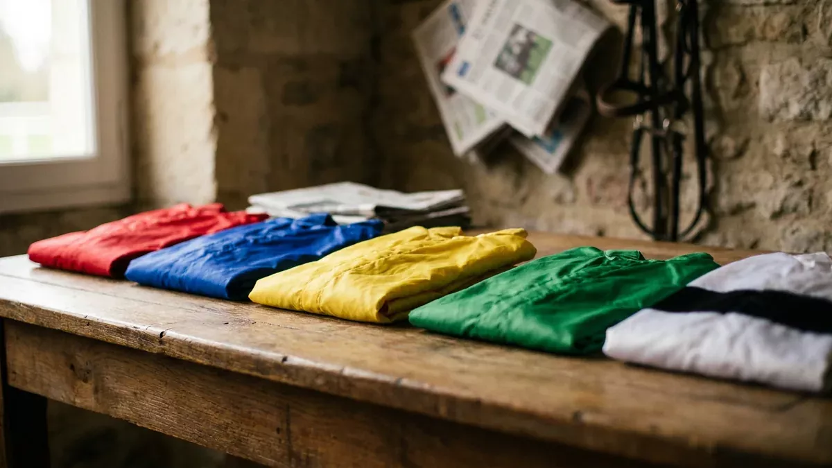 Cinq casaques de jockey de couleurs différentes alignées sur une table, pour illustrer comment jouer au quinté