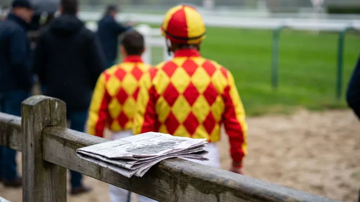 Journaux hippiques pliés sur une balustrade de paddock et casaque d'un jockey de dos : un quinté surprise déjoue la presse